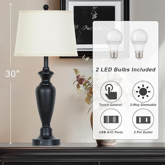 luxeflow 30" Tall Black Table Lamps Set of 2 for Living Room, Touch Control Bedside Lamps for Nightstand, 3-Way Dimmable Bedroom Table Lamp with USB A+C Ports and AC Outlet (2 LED Bulbs Included)
