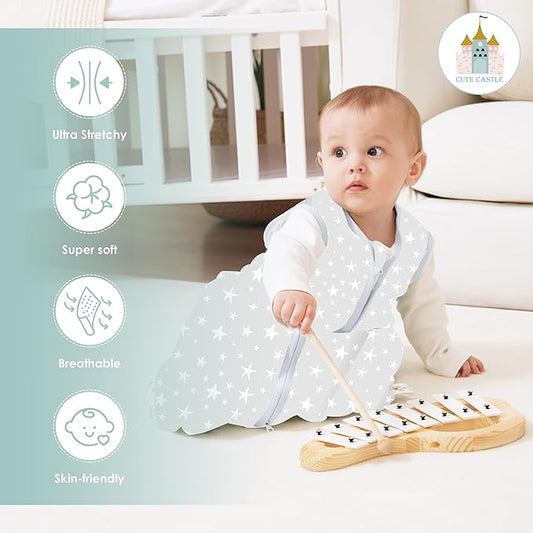 Cute Castle Baby Sleep Sack 0-6 Months - Lightweight 100% Cotton 2-Way Zipper TOG 0.5 Infant Wearable Blanket, Newborn Essentials Toddler Sleep Clothes, 3 Pack(Gray, Letters, Stars)