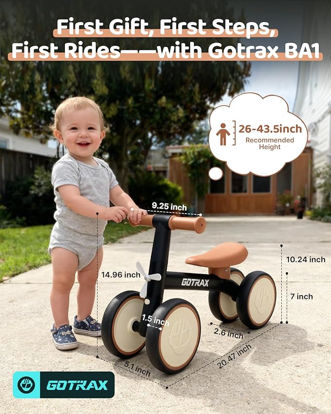 Gotrax Baby Balance Bike 1-2 Years, 7" Front&Rear Silent Wheels, Sturdy Steel Frame 66 lbs Load, Quick 2-Min Assembly, CPC Certified, Comfortable Soft Seat, Toddler Birthday Gift for Boys&Girls Black