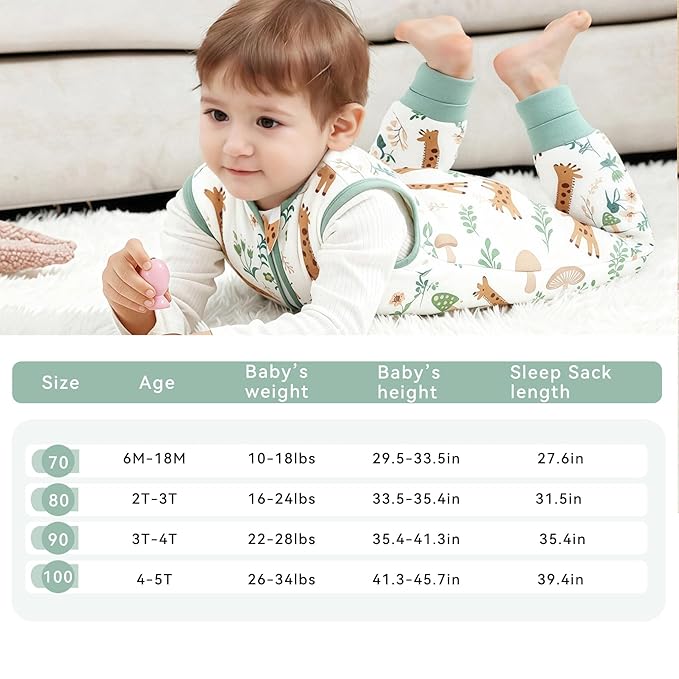 Toddler Sleep Sack with Feet 2-3 T, 1.0 TOG Cotton Baby Wearable Blanket with Legs, Sleep Bag Walker with 2-Way Zipper, Green + Giraffe