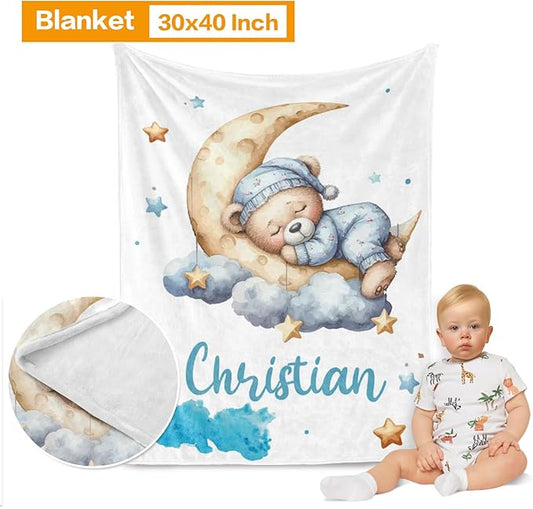 Custom Baby Bedding Set, Personalized Blue Moon Bear Bedding, Baby Blanket Fitted Sheet Changing Cover Nursery Rug Room Decor Gift Idea