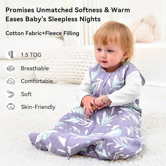 Baby Sleep Sack 12-18 Months 1.5 Tog Baby Wearable Blanket 100% Cotton Fabric Warm Sleeping sack with 2-Way Zipper Quilted for Toddler Infant Tog Purple Leaves