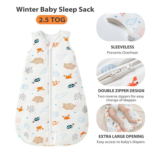 Mosebears Sleep Sack Baby Winter Wearable Blanket with 2-Way Zipper,2.5 TOG Cotton Sleep Sack Unisex (Ocean Animal, 6-12 Months)