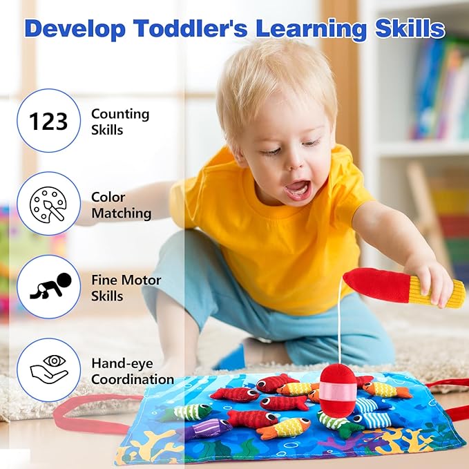 Toddler Montessori Toys for 1-3 Year Old Boy Girl, 23 Pcs Cloth Fishing Game Set with Double-Sided Mat, Learning Toys for Number & Color Sorting, Birthday Gifts for Babies & Toddlers