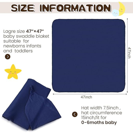 JaGely 2 Pcs Stretchy Baby Swaddle Blankets Set Extra Soft 47" x 47" Baby Newborn Swaddle Blanket and Hat(Navy Blue, Claybank)