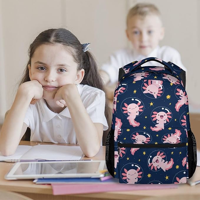 COZYAURA School Bags for Girls - Cute Black Axolotl Travel Backpack for Kids - 17 Inch Bookbag for Elementary Primary School - Back to School Supplies