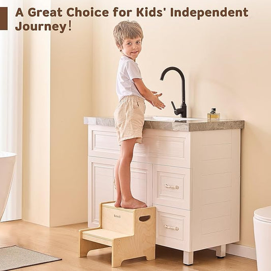 Bateso Step Stool for Kids, Wooden Toddler Step Stool with Non-Slip Mats for Bathroom Sink and Kitchen, Potty Training Stool with Handles for Toilet