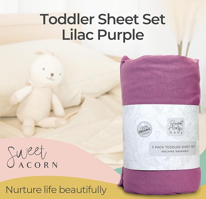 3 Piece Toddler Bedding Sets - Organic Cotton Jersey Knit - Fits Convertible Cribs and Mattresses - 9" x 28" x 52" - Lilac Purple
