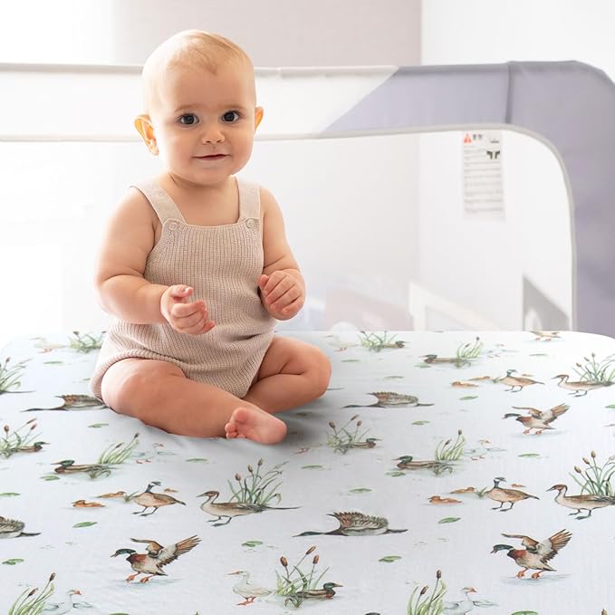 LifeTree Pack and Play Sheets Fitted for Baby, 38" x 26" x 2" Muslin Playard Mattress Pad Cover,70% Viscose from Bamboo and 30% Cotton, Mallard Duck Pattern