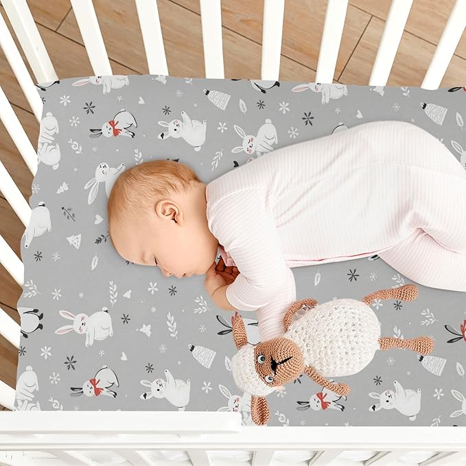 Pfrewn Christmas Crib Sheets for Boys Girls Cute White Bunnies Snow Fitted Crib Sheet Fits Standard Crib Mattress Pads Winter Pattern Stretch Soft Toddler Baby Sheet,52x28IN