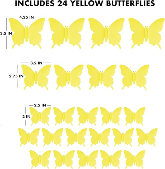 Cute Yellow Butterfly Wall Decor 24 pcs, Girls Room Wall Decals, Aesthetic Butterflies Stickers for Nursery Decorations, Baby Toddler Room Decor for Girls