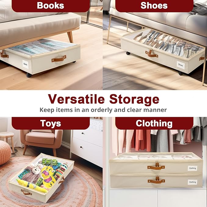 KitHero Under Bed Storage with Wheels Set of 2, Underbed Storage Container with Clear Lid Cover, 6.7 Inches Height Rolling Under Bed Drawer Storage Basket Bin Shoe Organizer for Cloth Sheet Sweater