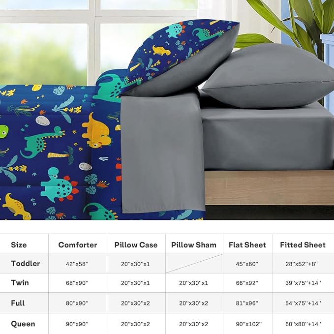 Nesker Comforter Set Toddler Size, Blue Dino 4 Pcs Bedding for Kids Teens, Dinosaur Bed Sheet with Pillowcase & Sham