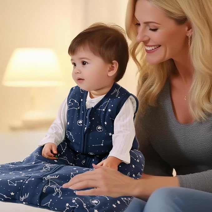 Mosebears Sleep Sack Baby Winter Wearable Blanket with 2-Way Zipper,2.5 TOG Cotton Sleep Sack Unisex(Navy Blue,6-12 Months)