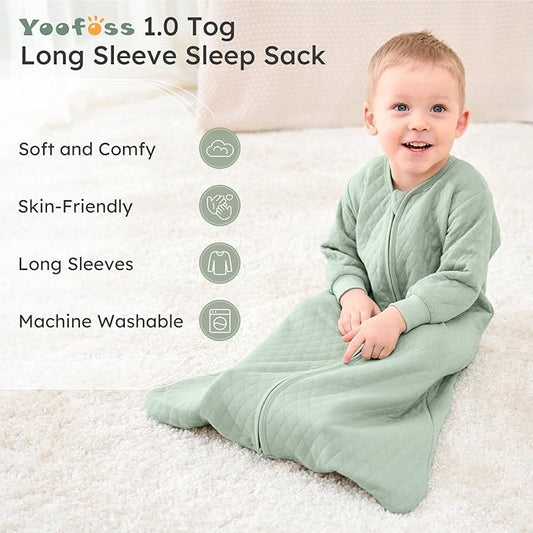 Yoofoss Baby Sleep Sack 0-6 Months 1.0 Tog Long Sleeve Sleep Sack Organic Cotton Wearable Blanket for Newborns 2-Way Zipper Quilted Sleeping Sacks(Small)