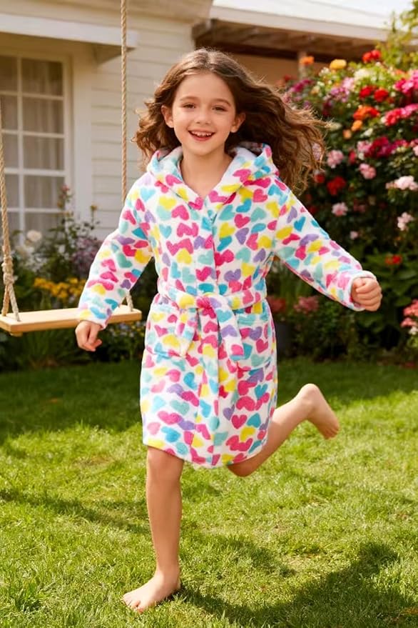 Girls Fleece Hooded Robe Warm Sleepwear for Toddler Kids Soft Fuzzy Bathrobe Gifts
