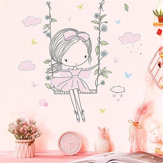 ROFARSO Colorful Cute Lovely Little Girl On The Swing Wall Stickers for Kids Peel and Stick Removable Wall Decals DIY Decorations Decor for Nursery Baby Girls Bedroom Playroom Living Room Murals