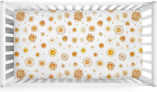 Watercolor Suns Totem Baby Crib Sheets 52''x28'' Boho Sunshine Stretchy Fitted Crib Mattress Covers for Boy Girl Golden Suns Soft Nursery Baby Bed Sheets for Standard Crib and Toddler Mattress