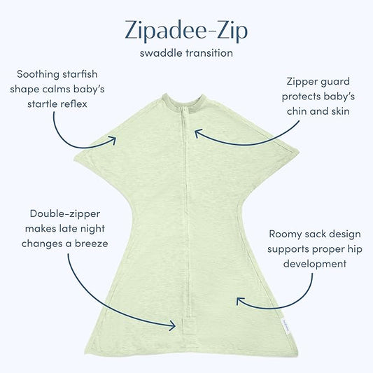 SleepingBaby Zipadee-Zip Transition Swaddle - Cozy Baby Swaddling Blanket with Zipper Convenience - Roomy Wearable Blanket for Easy Diaper Changes - 3-6 Month - Zen Garden Green Heather