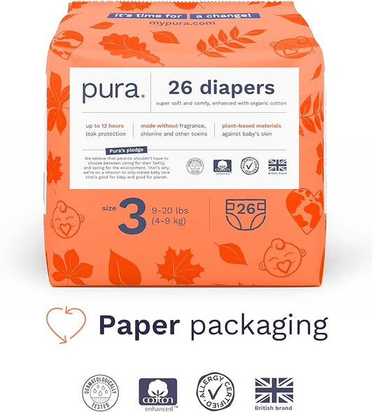 Pura Size 3 Eco-Friendly Diapers, Totally Chlorine Free, Hypoallergenic, Soft Organic Cotton, Sustainable, up to 12 Hours Leak Protection, Allergy UK, 26 Count (Pack of 1)