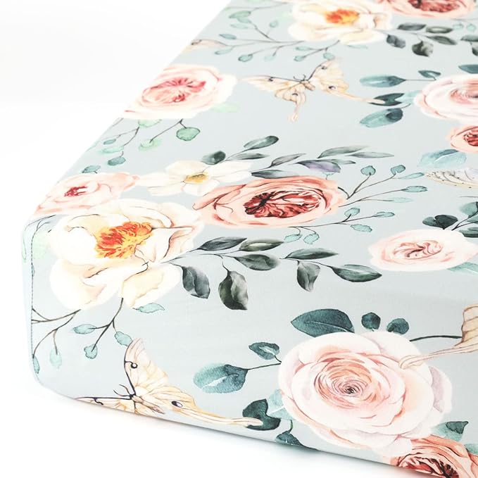 GRSSDER Stretchy Crib Sheets for Baby Girls, Ultra Soft Jersey Knit Fitted Crib Sheets 2 Pack, Universal Fits Most Toddler Crib Mattress Pads Safe and Snug, Stylish Flora Print