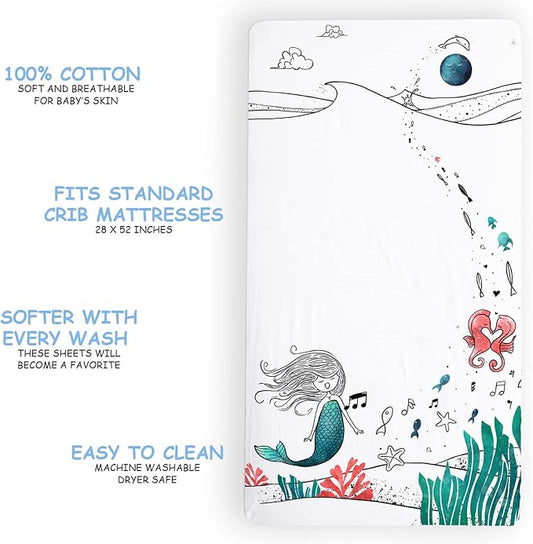JumpOff Jo - Fitted Crib Sheet, Super Soft Breathable 100% Cotton Baby Crib Sheet for Standard Crib Mattresses and Toddler Beds, 28 in. x 52 in. - Moonlight Mermaid