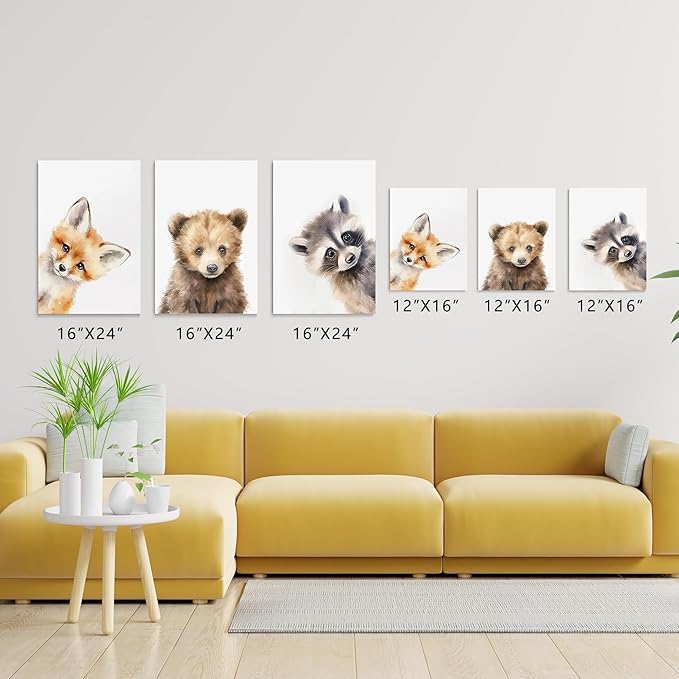 Adorable Bear Fox Raccoon Nursery Wall Decor, 3 Piece Baby Animals Art Poster for Baby Boy Girl Room Decor, Woodland Nursery Wall Art, Funny Kid Prints, Framed Canvas Set, 16"x24"x3