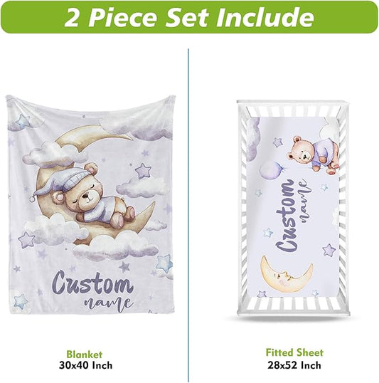 Personalized Baby Crib Bedding Set, Custom Name Moon Bear Baby Bedding 2-Pcs Set - Soft Double Layer Dotted Blanket and Fitted Sheet, Nursery Bedding for Newborn Boys Girls, Perfect Shower Gift