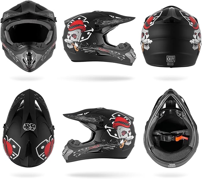 Youth Kids Dirt Bike Motocross Helmet (Goggles Gloves Face Mask) 4PCS Set, DOT Approved Boys Full Face Motorcycle Helmets,ATV BMX MX Mountain Bike Off Road Kid Helmet (Black Skull, L)