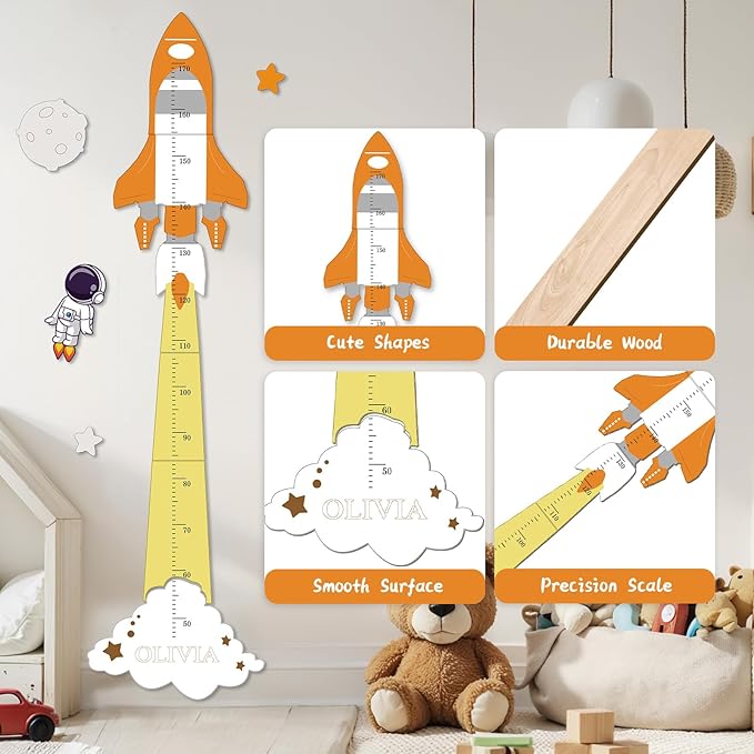 Woodemon Personalized Name Height Chart for Kids, Cute Rocket Wooden Growth Chart for Kids, Wall Height Chart for Children, Cute Wall Ruler for Kids, Track Height Measurement, Easy to Install