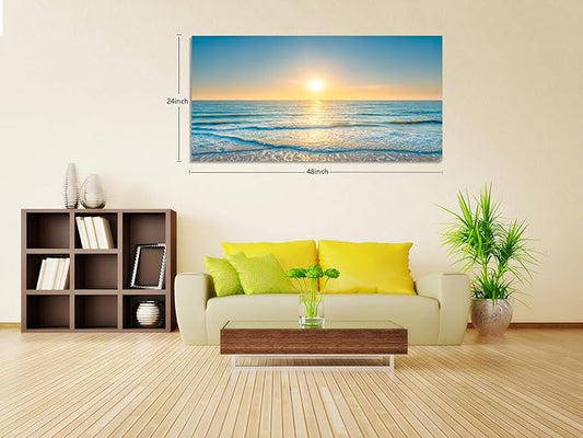 KUNHAAH Wall Art Canvas Painting Blue Sea Beautiful Seascape 1 Piece Ocean Sunset Waves Picture Poster Print Framed and Stretched Ready to Hang for Living Room Bedroom Artework