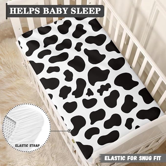 Cow Pattern Fitted Crib Sheet Black White Cowhide Baby Crib Sheet Fit Standard Crib and Toddler Mattress,Crib Mattress Sheets for Boys Girls 28"x52"