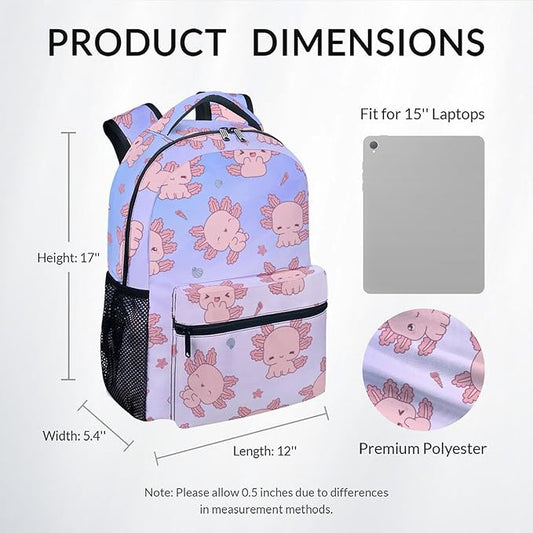 COZYAURA Girls Backpack - 17 Inch Large Capacity Axolotl Bookbag - Lightweight Kids' Backpacks for Elementary, Preschool & Travel
