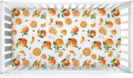 Watercolor Oranges Baby Crib Sheets 52''x28'' Retro Oranges Floral Leaves Stretchy Fitted Crib Mattress Cover for Boy Girl Boho Summer Fruits Soft Bed Sheets for Standard Crib Toddler Mattress