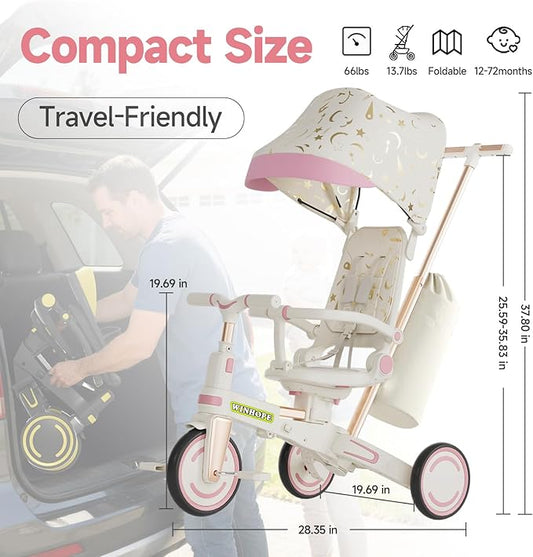 WinHope 9-in-1 Push Tricycle for Toddlers 1-3 Years | Convertible Kids Trike with Adjustable Parent Handle & Safety Harness, Lightweight Foldable Design + Storage Basket for Boys & Girls (Pink)