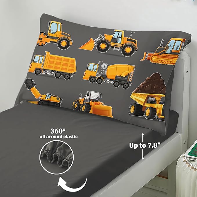 Toddler Bedding Set for Boys - 4-Piece Truck Bedding Comforter Set for Kids, Soft Comfort Construction Vehicle Bedding Includes Flat Sheet, Fitted Sheet, Comforter, Pillowcase