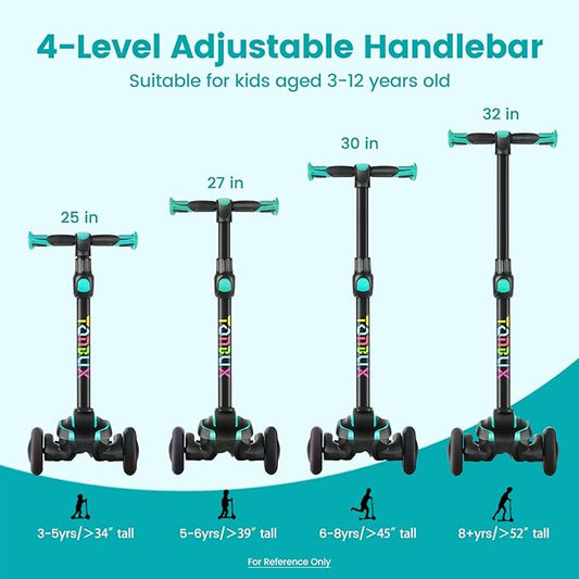 TONBUX Kids Scooter for Age 3-12, Toddler Scooter with 4 Adjustable Heights, Light Up 3-Wheels Scooter, Shock Absorption Design, Lean to Steer, Balance Training Scooter for Kids
