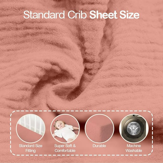 Mère & Moi Muslin Fitted Crib Sheets – 100% Cotton, Ultra-Soft & Breathable Baby Bedding for Standard Crib & Toddler Mattress (28” x 52”) - 2 Pack (Pink and Cream)