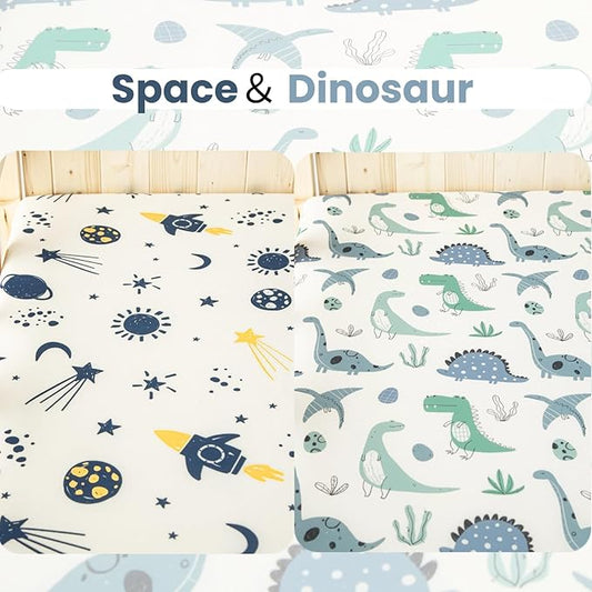 SDIII 2 Pack Space and Dinosaur Crib Sheets for Boys 52×28 Stretchy Microfiber Jersey Knit Fall Crib Sheets Boy for Standard Crib and Toddler Mattress