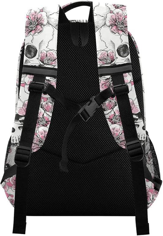 MNSRUU School Backpack with Chest Strap, Halloween Skull Flowers And Pink Cherries Laptop Backpack, Travel Hiking Backpack for Boys Girls, Rucksack, Knapsack