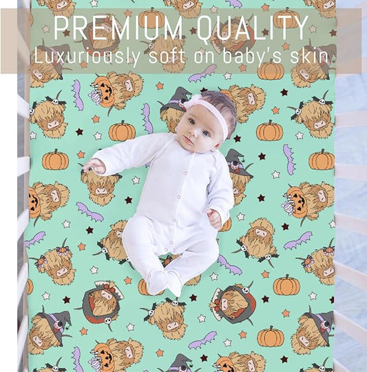 Highland Cow Halloween Baby Crib Sheets for Boy Girl Western Cowboy Fall Pumpkin Bats Soft Snug Fitted Crib Mattress Covers for 52''x28'' Standard Crib & Toddler Mattress Spooky Farm Animal Bed Sheet
