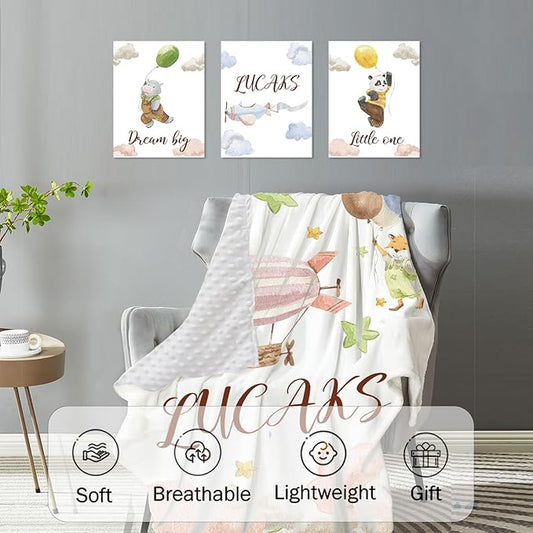 Personalized Crib Bedding Set, Custom Name Baby Bedding 5-Pcs Set - Blanket Fitted Sheet Changing Pad Cover Nursery Rug Wall Art, Balloon-Themed Nursery Decor for Newborn Boys Girls