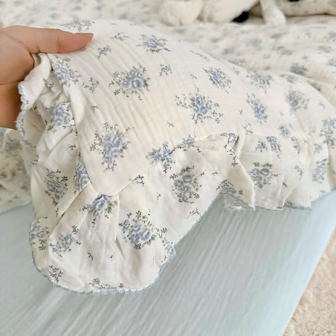 BuLuTu Chic Shabby Vintage Floral Duvet Cover Twin for Kids Girls Boys 100% Cotton Muslin Ruffled Quilt Cover Twin, 68"x86", Freesia Print, Soft Breathable, Zipper Closure, No Pillowcase