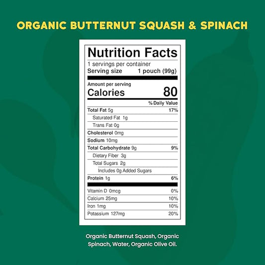 Serenity Kids 6+ Months Veggie Puree Baby Food Pouches - USDA Organic No Added Sugar - Butternut Squash & Spinach Blend - BPA & Allergen Free - 3.5 Oz, 6 Pack