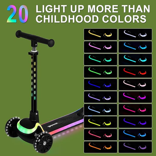 Light-Up Scooter for Kids 3-8,20 Dynamic Light Patterns for Evening Play Safety - Lean-to-Steer Kick Scooter with Adjustable Handlebar (Grows with Child) - Gift for Boys & Girls