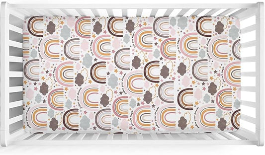 Colorful Boho Rainbow Baby Crib Sheet 52''x28'' Cute Rainbow Clouds Stars Fitted Crib Mattress Cover for Boy Girl Soft Bed Sheet for Standard Size Crib and Toddler Mattresses