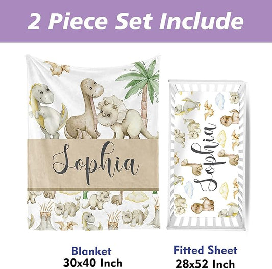 Personalized Crib Bedding Set with Name - 2 Piece Dinosaur Theme Baby Crib Set for Boys, Double Layer Blanket and Crib Sheet for Newborns, Toddlers Gifts