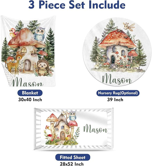 Custom Baby Crib Bedding Set, Personalized Name Mushroom House Design Crib Set 3 Pcs, Soft Double Layer Blanket, Crib Sheet & Room Rug, Ideal Nursery Decor Gift for Baby Girls Boys