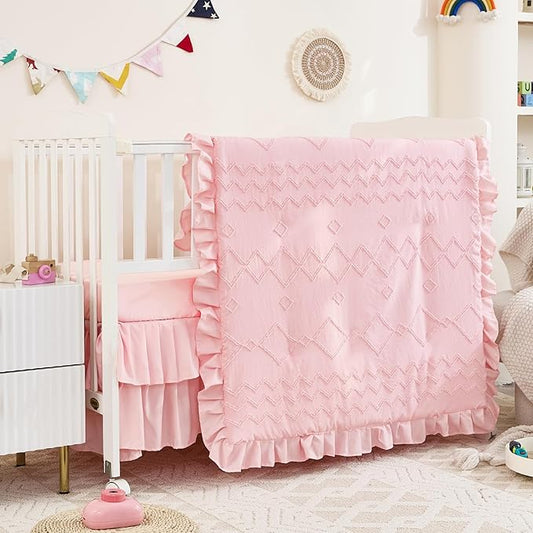 3-Piece Tufted Ruffle Crib Bedding Set for Girls - Ultra Soft Baby Bedding Set Includes Boho Crib Comforter, Sheet & Skirt (Light Pink)