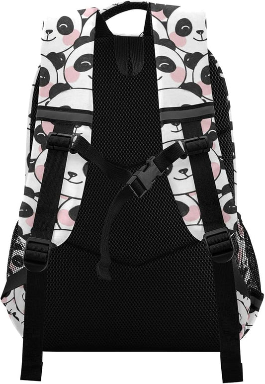 MNSRUU School Backpack with Chest Strap, Dot With Cute Panda Laptop Backpack, Travel Hiking Backpack for Boys Girls, Rucksack, Knapsack